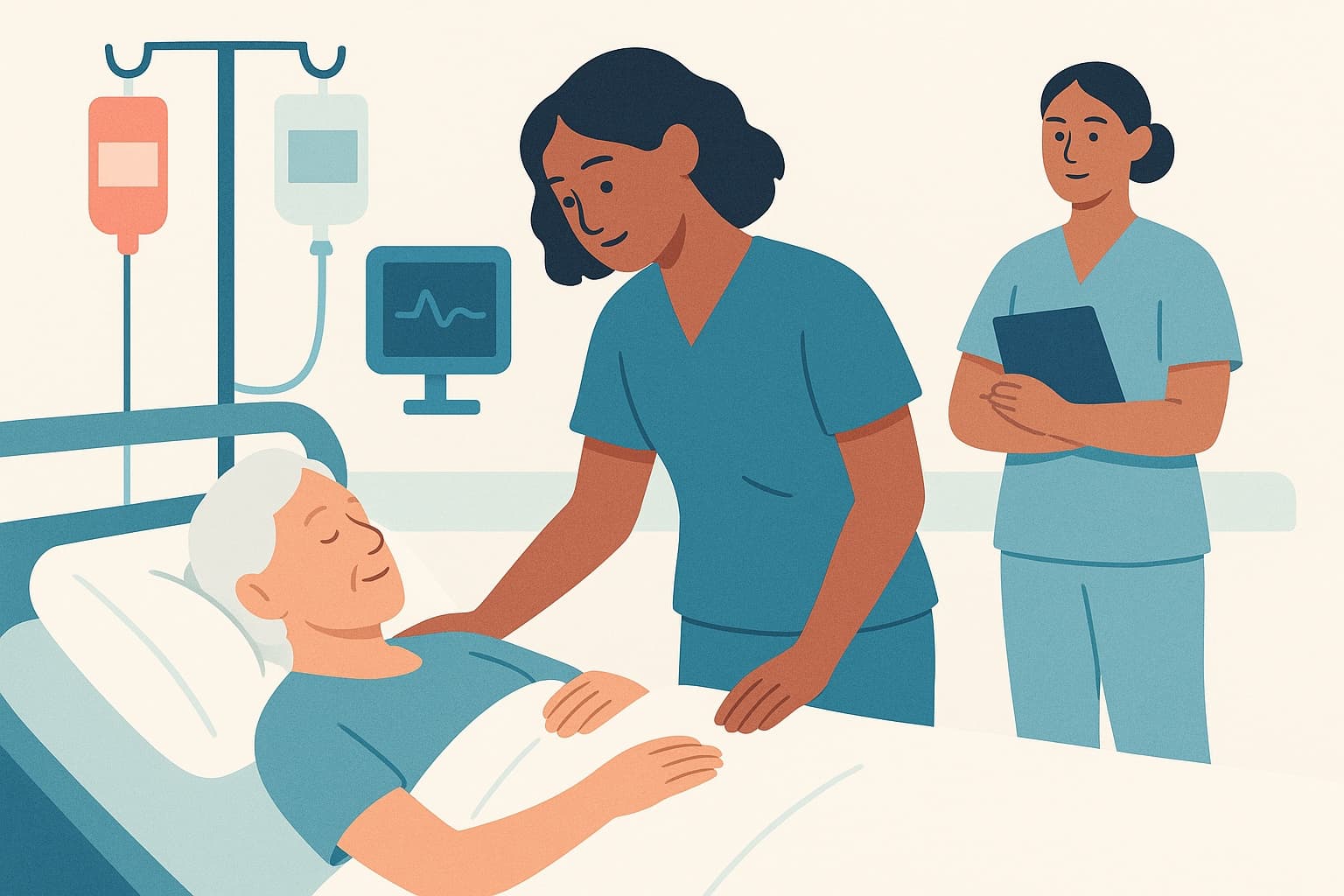 Illustration av NKSE:s praktiska prov: en sjuksköterskestudent vårdar en patient vid sängkanten medan en observerande sjuksköterska med anteckningsplatta står i bakgrunden